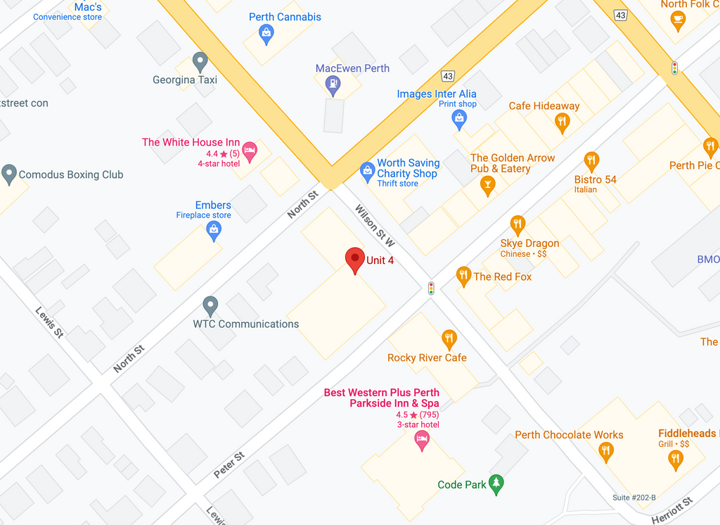 A map of the location of The Plaid Cow store at 2 Wilson St W, Unit 4, Perth Ontario