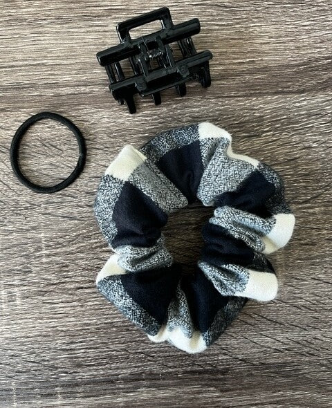 Ivory and black plaid scrunchie