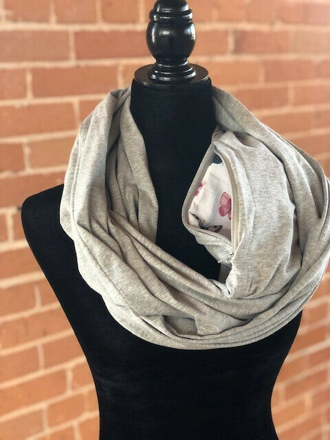 Light grey hidden pocket infinity scarf