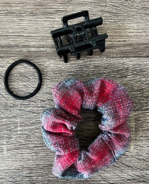 Red and grey plaid scrunchie