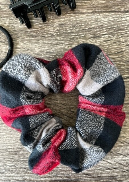 Red, black, grey and white scrunchie