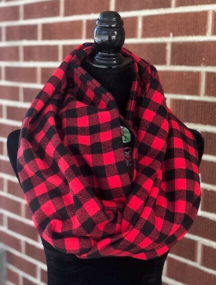 Hidden pocket infinity scarf with a red and black small checked pattern