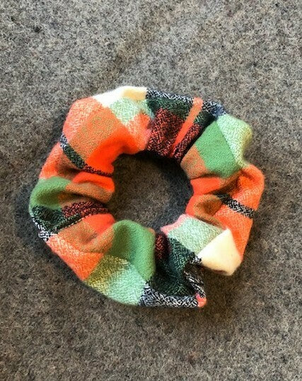 Orange, Green and Black plaid scrunchie