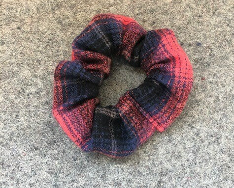 Navy blue and red plaid scrunchie