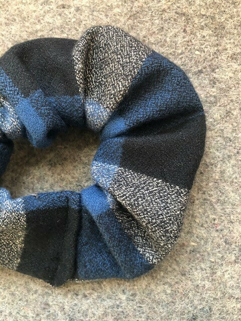 Blue, Grey and Black plaid scrunchie